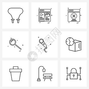 直径麦克风因特网玻璃矢量插图的9条线符号集图片