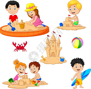 儿童玩沙城堡和冲浪板图片