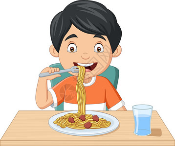 西安小吃biangbiang面卡通小男孩吃意大利面插画