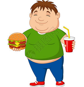 超重男孩拿着汉堡包和苏打饮料图片
