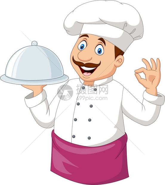 卡通有趣的厨师拿着银盘子和好牌图片