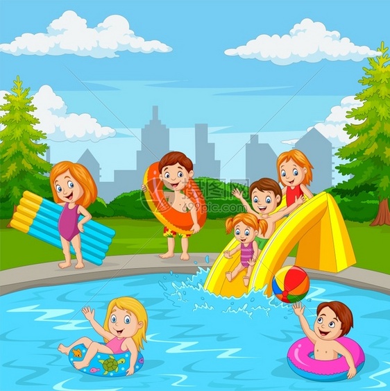 卡通快乐家庭在游泳池玩图片