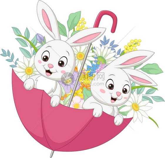 两只可爱的兔子在雨伞里带着鲜花图片
