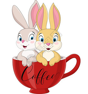 咖啡杯里的一对卡通小兔子图片