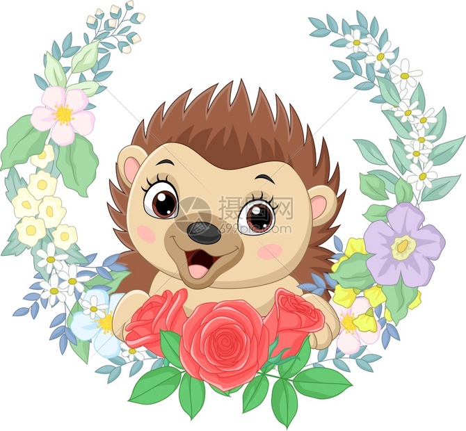 有花背景的卡通可爱小刺猬插画图片下载 正版图片 摄图网