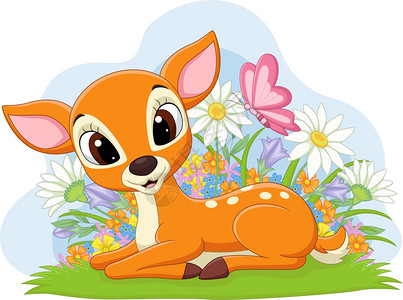 草坪公园可爱的鹿躺在草地上插画