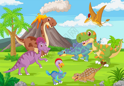 丛林中有趣的恐龙群背景图片
