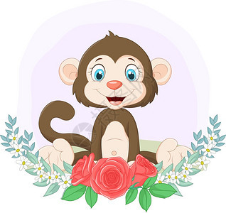 坐在有花背景的卡通可爱猴子图片