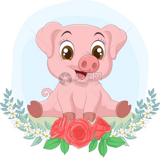 坐在花背景的可爱小猪图片