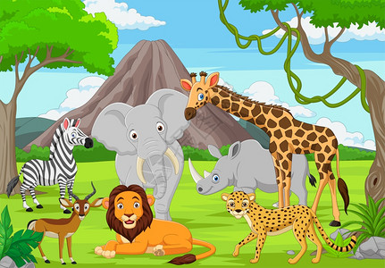 丛林中的卡通野生动物图片