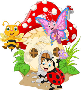 蜜蜂幼虫带蘑菇屋的漫画有趣昆虫插画