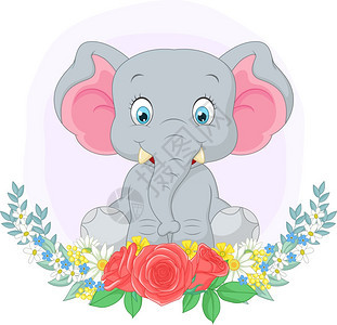 卡通的可爱大象坐着鲜花背景图片