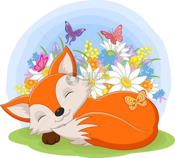 可爱的小狐狸睡在花朵的草地上图片