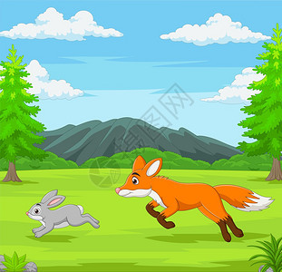 狐狸正在草原追兔子图片