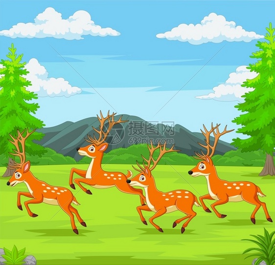 在森林里跑动的卡通鹿图片