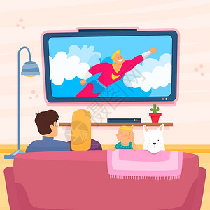 家挺看电视插画_家挺看电视卡通_家挺看电视插图_手绘_板绘_摄图网