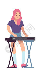年轻女扮演合成器孤立矢量岩石或流行音乐家女孩和电子钢琴年轻女扮演合成器矢量岩石或流行音乐家图片