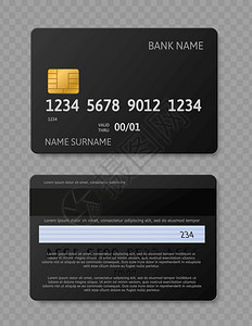 现实的信用卡借记带有芯片前侧和后模型用于银行交易矢量孤立模板黑色信用卡现实的信用卡借记于银行交易矢量模板图片