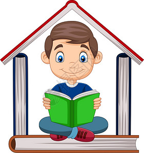 卡通男孩在读一本书上堆积成房子的书图片
