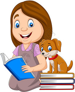 女孩用可爱的小狗看书图片