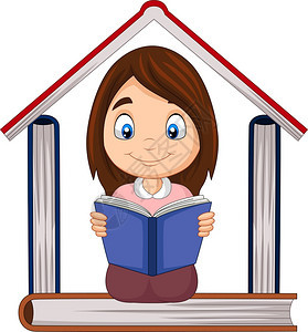 卡通女孩读一本书堆叠成一栋房子的书图片