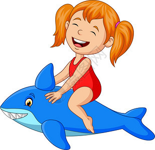 骑着充气鲨鱼的卡通小女孩图片