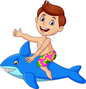 骑着充气鲨鱼的卡通小男孩图片