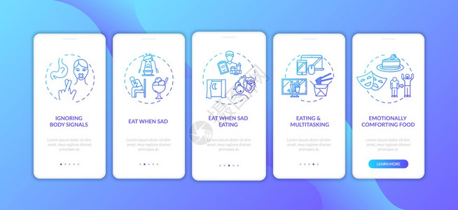 包含概念的移动应用程序页面屏幕上的不健康营养习惯在悲伤和多任务穿行五步图形指示时吃饭配有彩色插图的矢量模板配有概念的移动应用程序图片