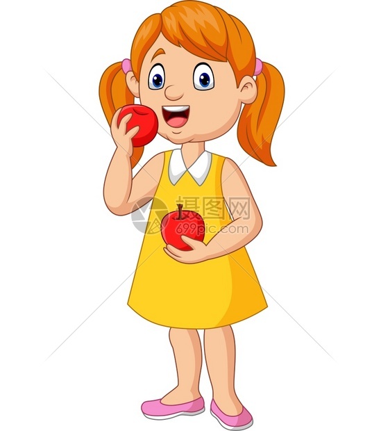 女孩吃苹果的卡通小女孩图片