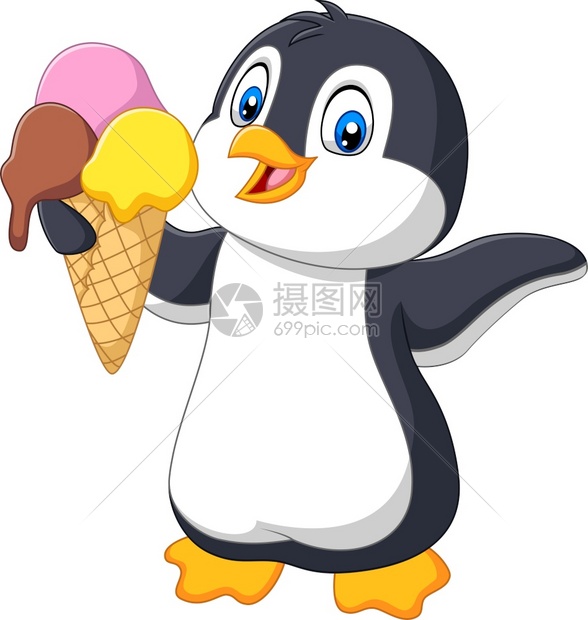 手拿冰淇淋的甜筒卡通企鹅图片