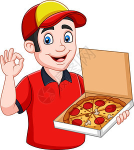 披萨快递员拿着美味的热披萨展示好牌子图片