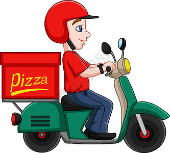 骑摩托车的卡通比萨饼送货员图片