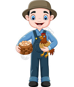 养鸡和一篮蛋的卡通农民图片