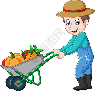 卡通的年轻农民推着一辆轮车着满是蔬菜的手推车图片