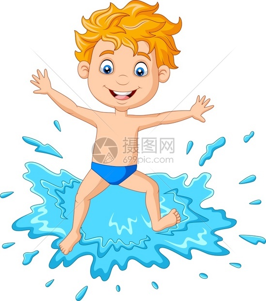 卡通男孩在水上玩图片
