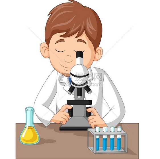 在实验室使用显微镜的年轻男孩图片