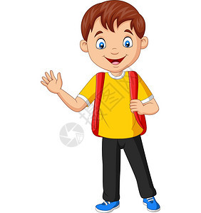 卡通学校男孩携带手挥的背包图片