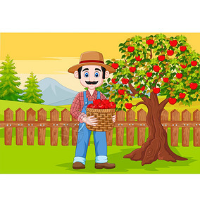 卡通农民在场里拿着苹果篮子图片