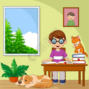 和猫一起学习的卡通小男孩图片