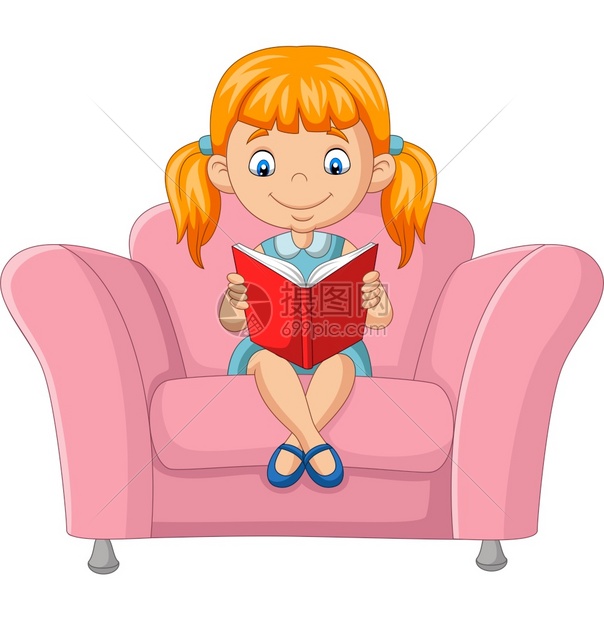 卡通小姑娘在沙发上看一本书图片