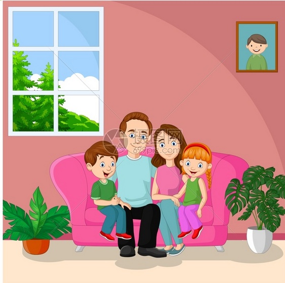 坐在沙发上的一家人图片