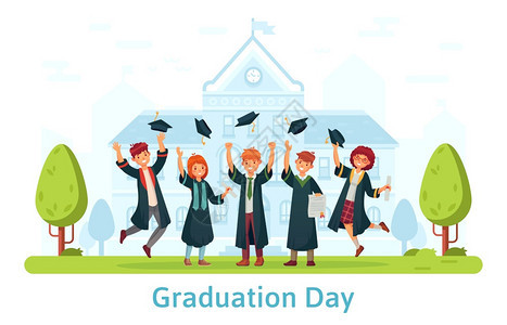 毕业日快乐学生庆祝教育证书庆祝仪式学校毕业人们扔帽子矢量说明快乐学生庆祝和跳跃图片