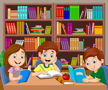 学生在学习在图书馆学习的卡通儿童插画