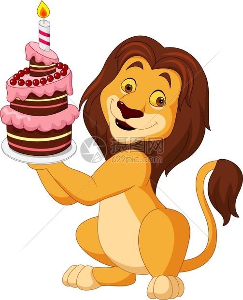 持有生日蛋糕的卡通狮子图片
