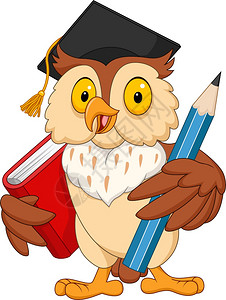 毕业素材持有铅笔和书的卡通猫头鹰插画