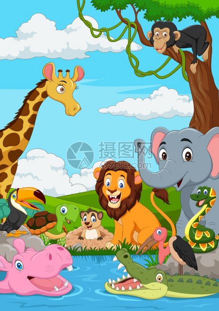 卡通非洲风景与野生动物图片