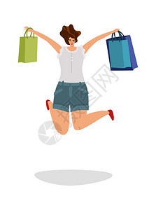 快乐的沙巴与商店礼品袋跳跃孤立的扁矢量消费者概念孤立的扁矢量消费者概念与商店的礼品袋跳跃孤立的扁矢量概念背景图片
