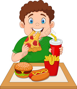 孩子 食品胖男孩吃垃圾食品插画