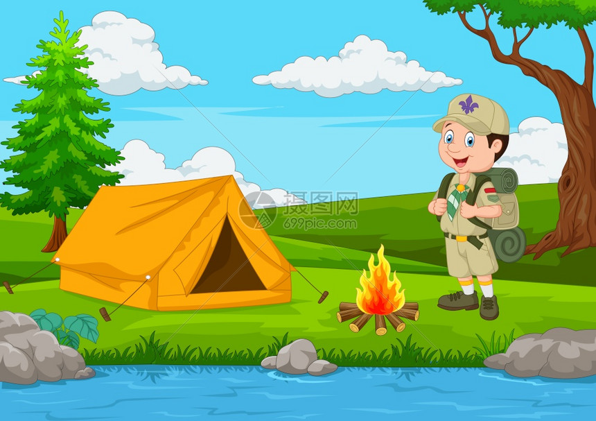 带帐篷和火的卡通侦察员图片