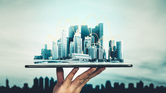现代创意通信和互联网络连接在智能城市5g无线数字连接的概念和事物未来的互联网图片